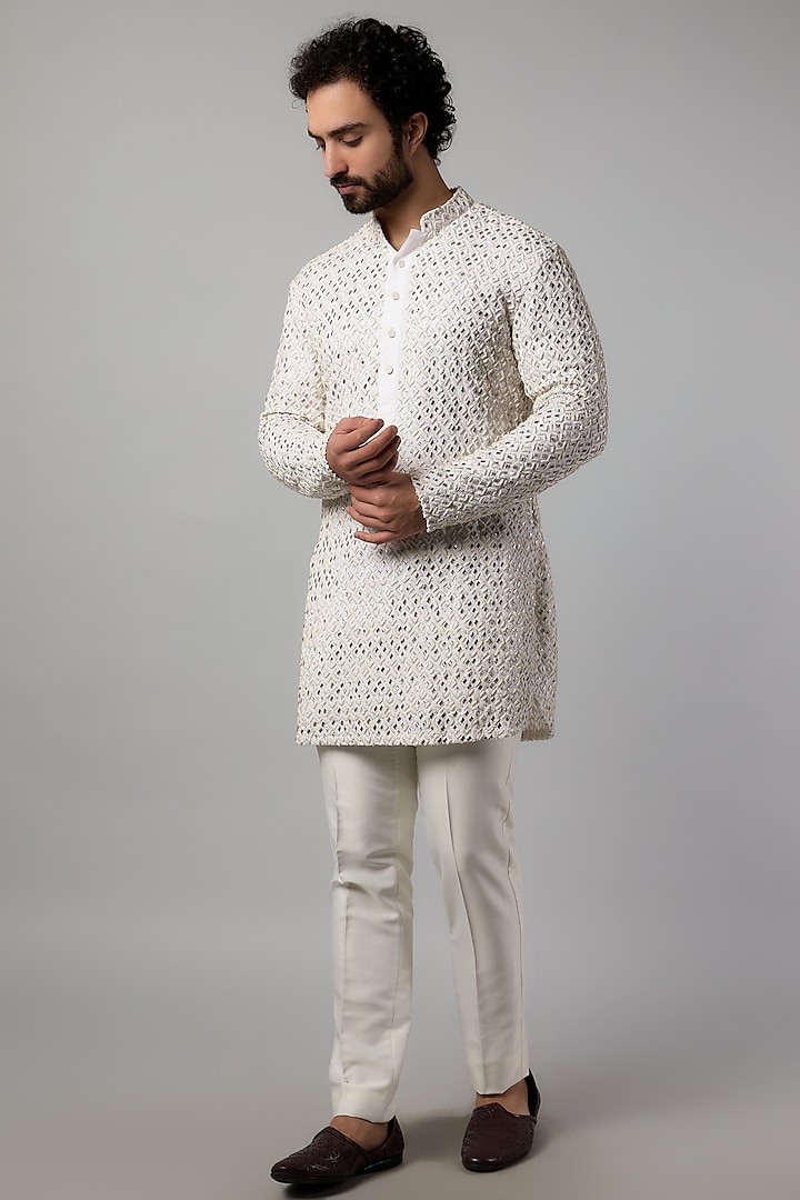 Ivory Cotton Linen French Knot Embroidered Kurta Set by LABEL CRESTELLI