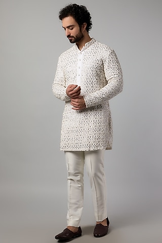 Ivory Cotton Linen French Knot Embroidered Kurta Set by LABEL CRESTELLI