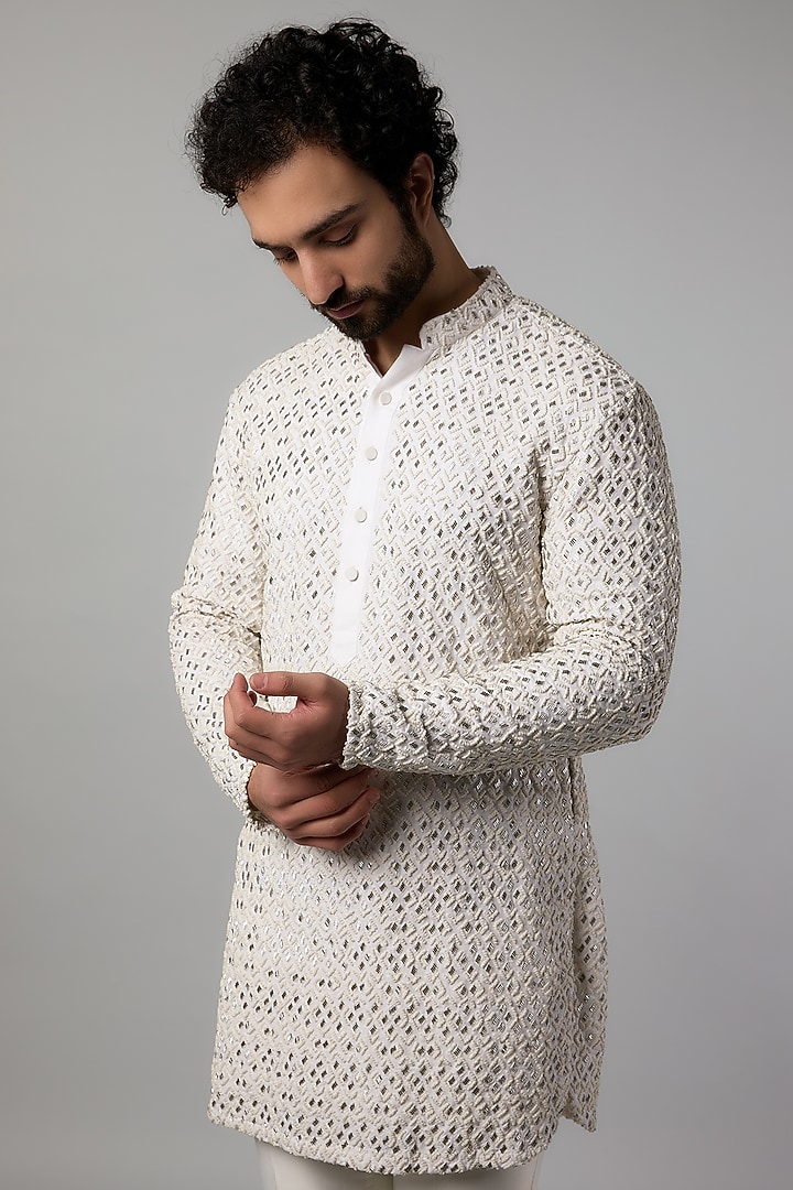 Ivory Cotton Linen French Knot Embroidered Kurta Set by LABEL CRESTELLI at Pernia's Pop Up Shop