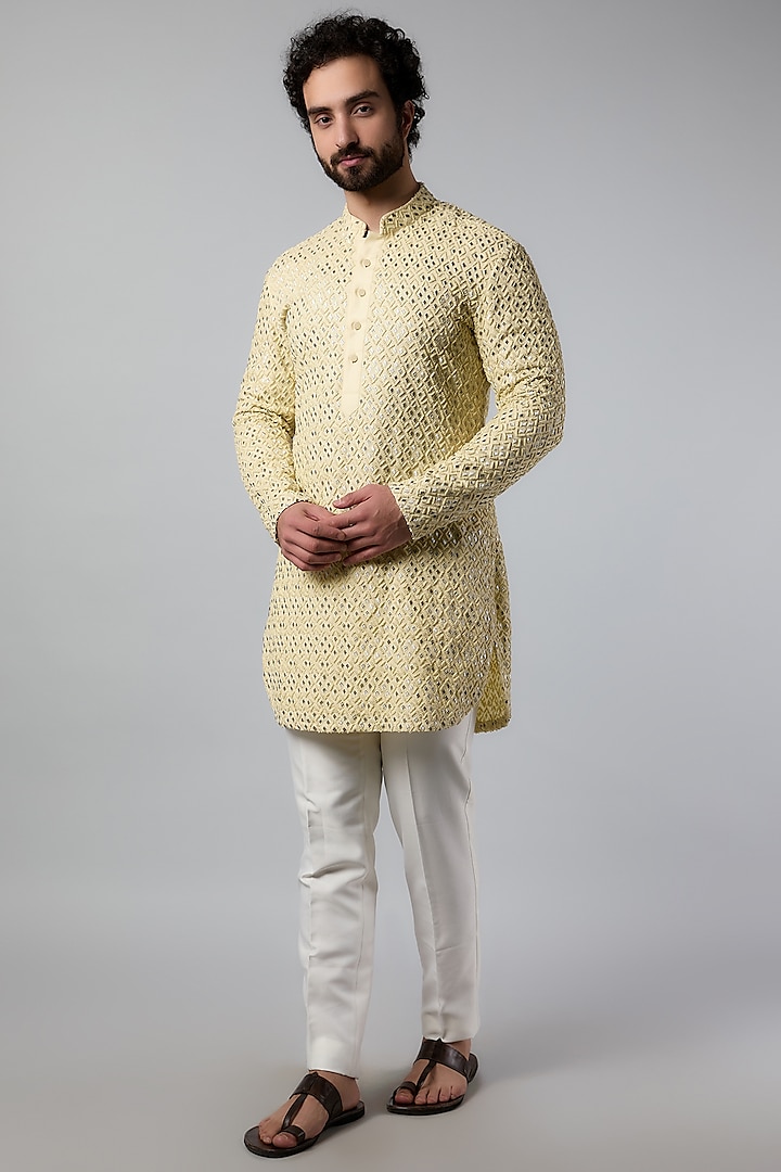 Yellow Cotton Linen French Knot Embroidered Kurta Set by LABEL CRESTELLI