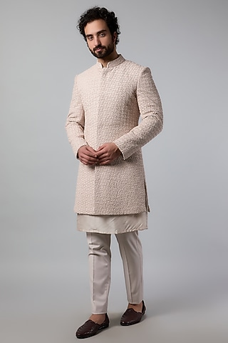 Ecru Pink Suiting Cutdana Embroidered Sherwani Set by LABEL CRESTELLI