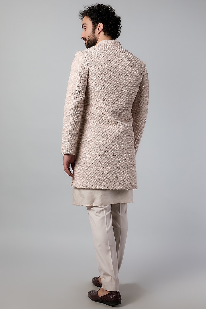 Ecru Pink Suiting Cutdana Embroidered Groom Sherwani Set by LABEL CRESTELLI at Pernia's Pop Up Shop