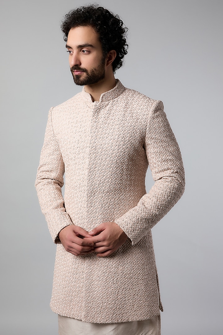 Ecru Pink Suiting Cutdana Embroidered Groom Sherwani Set by LABEL CRESTELLI at Pernia's Pop Up Shop