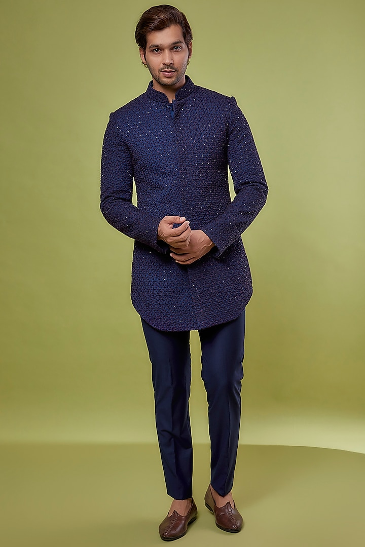Navy Blue Suiting Embroidered Indowestern Set by LABEL CRESTELLI