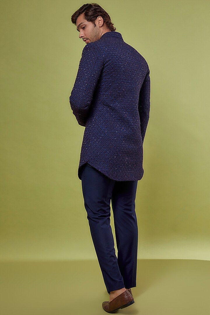 Navy Blue Suiting Embroidered Groom Indowestern Set by LABEL CRESTELLI at Pernia's Pop Up Shop