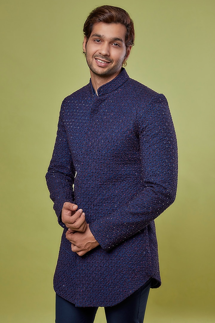 Navy Blue Suiting Embroidered Groom Indowestern Set by LABEL CRESTELLI at Pernia's Pop Up Shop