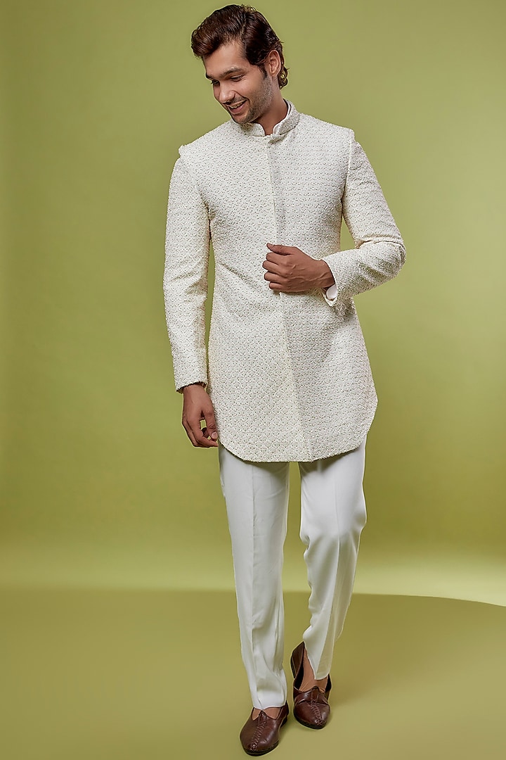 White Suiting Embroidered Indowestern Set by LABEL CRESTELLI
