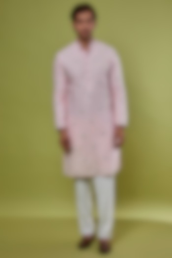 Light Pink Suiting Embroidered Kurta Set by LABEL CRESTELLI