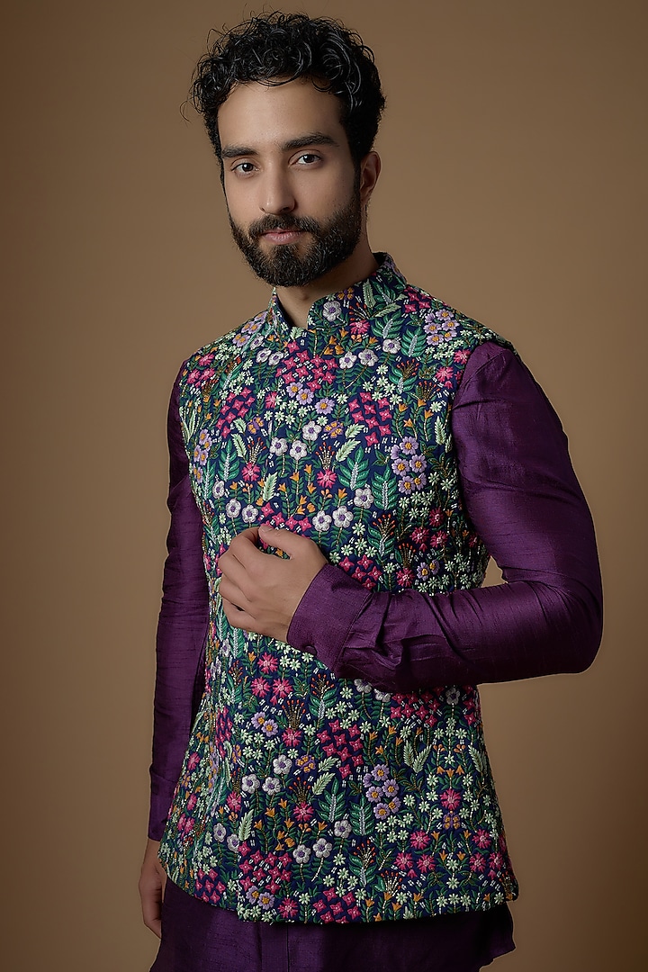 Blue Suiting Embroidered Bundi Jacket by LABEL CRESTELLI