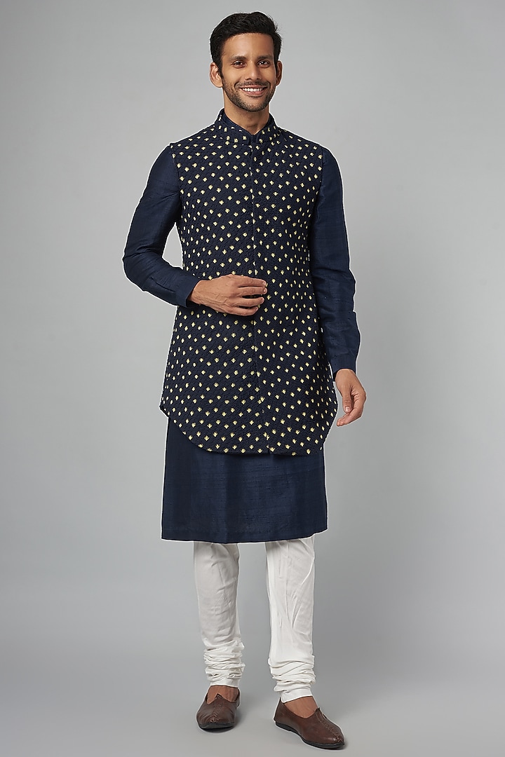 Navy Blue Suiting Embroidered Bundi Jacket by LABEL CRESTELLI at Pernia's Pop Up Shop