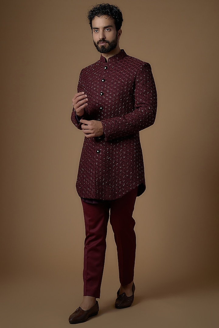 Maroon Suiting Embroidered Indowestern Set by LABEL CRESTELLI