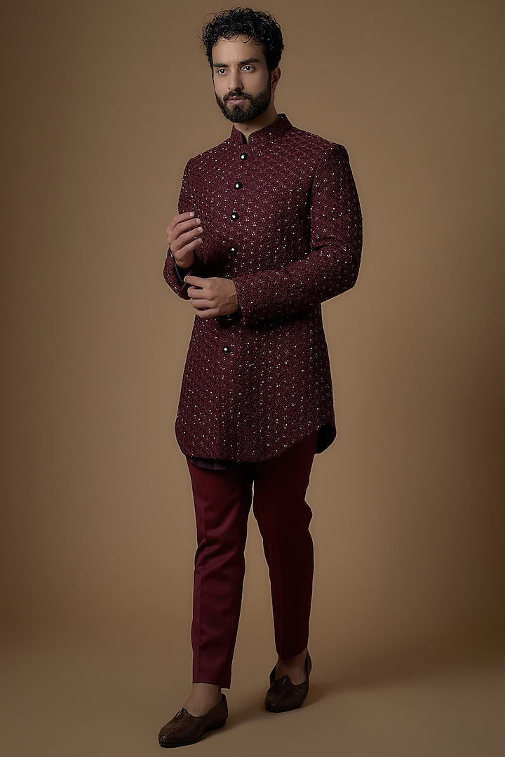 Maroon Suiting Embroidered Indowestern Set by LABEL CRESTELLI at Pernia's Pop Up Shop