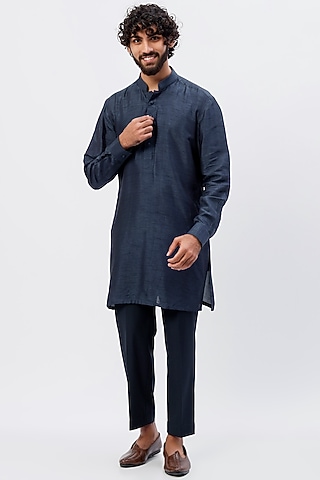 Blue Silk Kurta Set by LABEL CRESTELLI