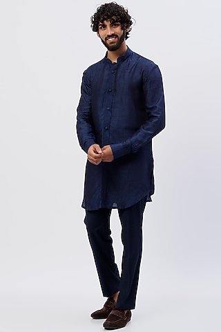 Navy Blue Silk Kurta Set by LABEL CRESTELLI