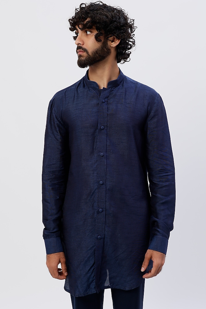 Navy Blue Silk Kurta Set by LABEL CRESTELLI at Pernia's Pop Up Shop