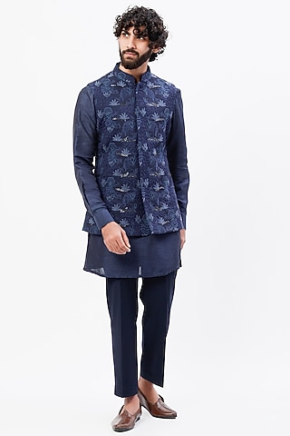 Blue Suiting Embroidered Bundi Jacket Set  by LABEL CRESTELLI