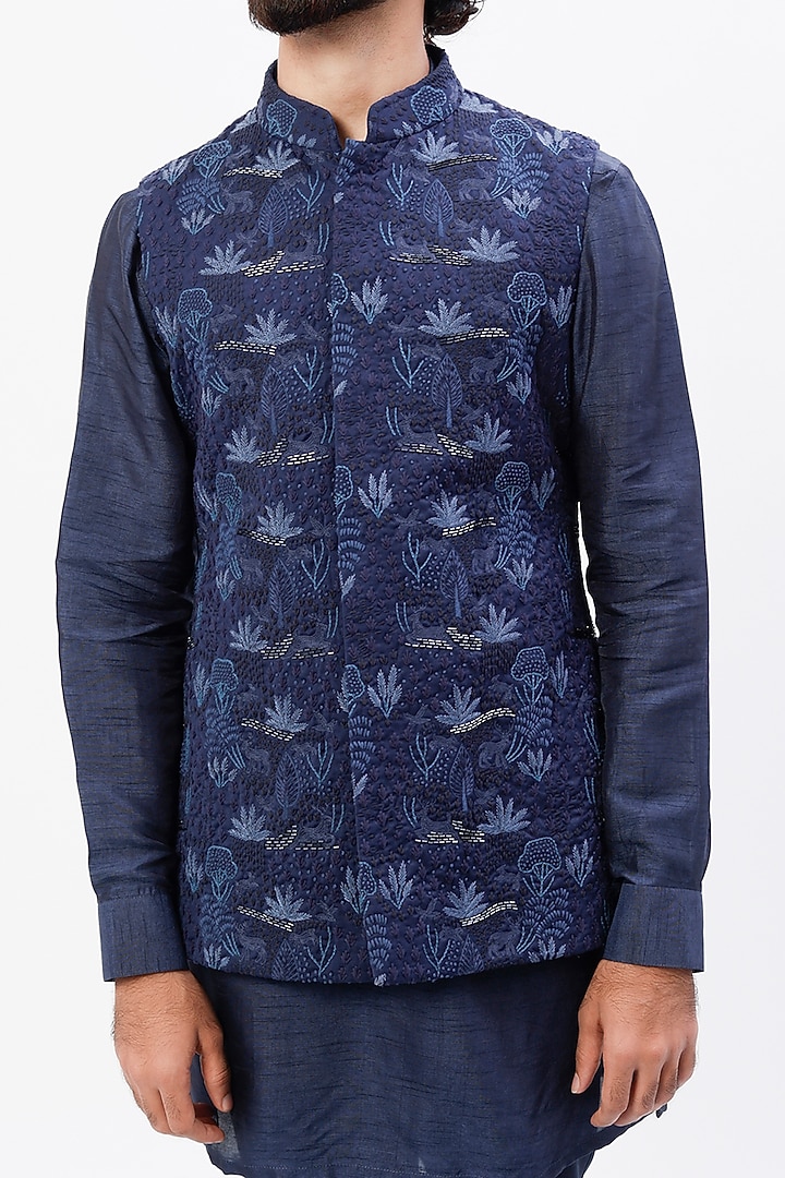 Blue Suiting Embroidered Bundi Jacket Set by LABEL CRESTELLI at Pernia's Pop Up Shop