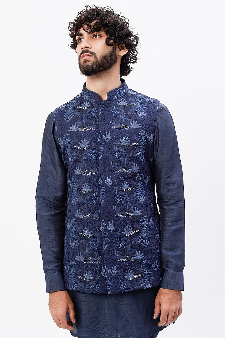 Blue Suiting Embroidered Bundi Jacket Set by LABEL CRESTELLI at Pernia's Pop Up Shop