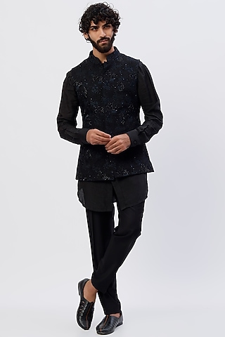 Black Kurta Set With Bandi Jacket by LABEL CRESTELLI