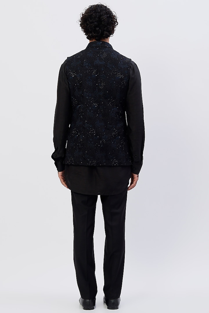 Black Kurta Set With Bandi Jacket by LABEL CRESTELLI at Pernia's Pop Up Shop