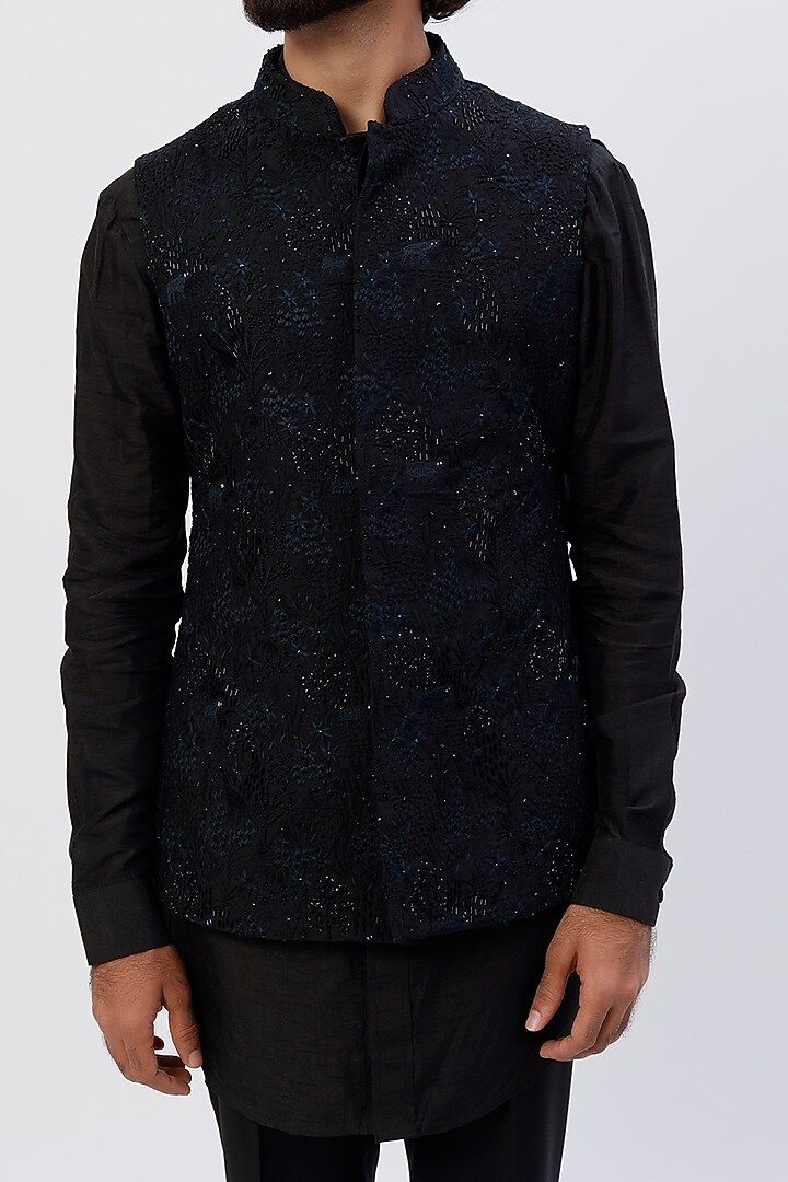 Black Kurta Set With Bandi Jacket by LABEL CRESTELLI at Pernia's Pop Up Shop