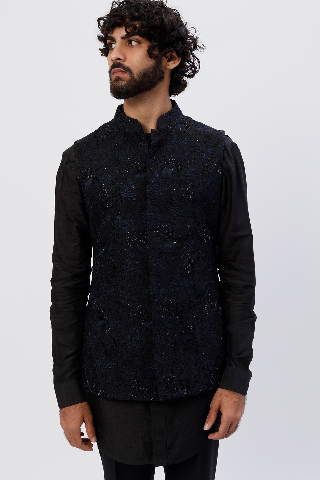 Black Colour Art Silk Fabric Party Wear Kurta Pajama Jacket.