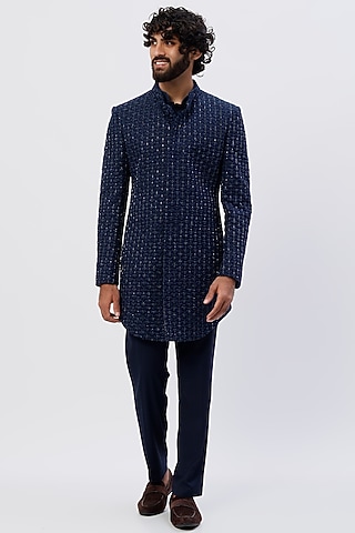 Navy Blue Suiting Bandhgala Jacket Set by LABEL CRESTELLI