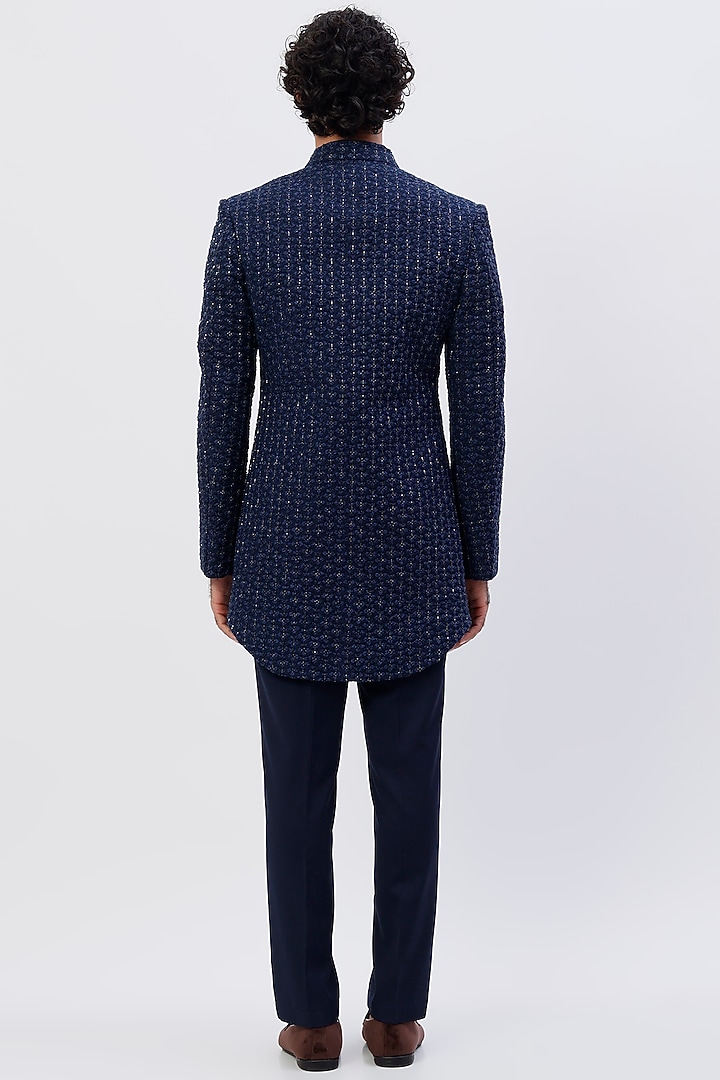 Navy Blue Suiting Bandhgala Jacket Set by LABEL CRESTELLI at Pernia's Pop Up Shop