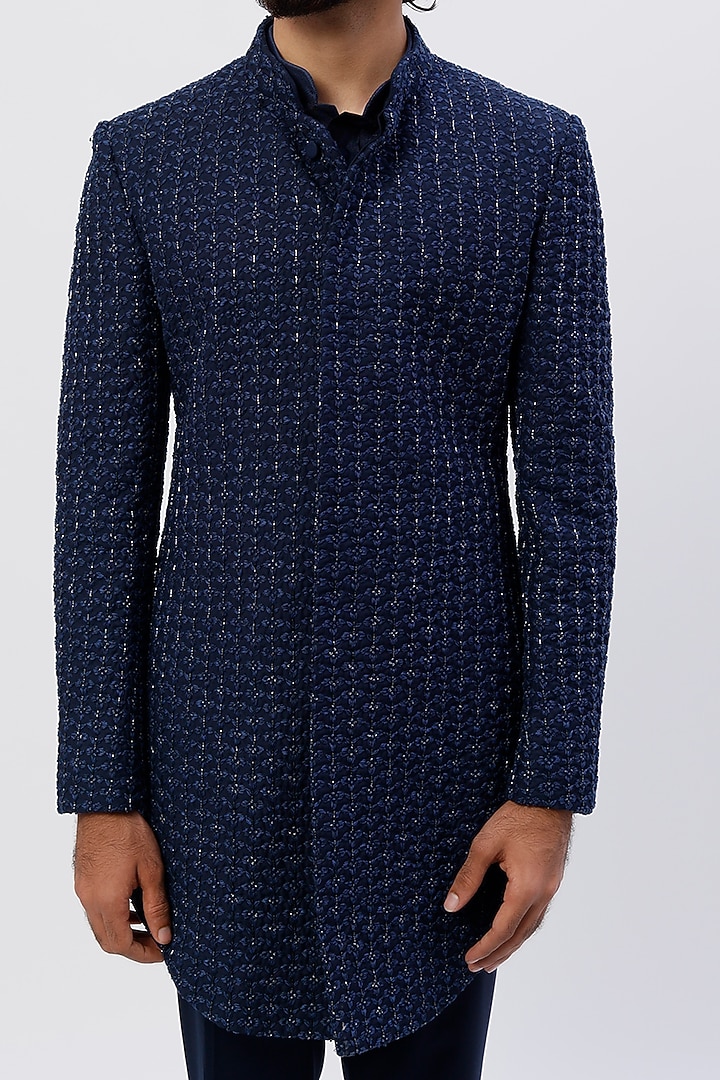 Navy Blue Suiting Bandhgala Jacket Set by LABEL CRESTELLI at Pernia's Pop Up Shop