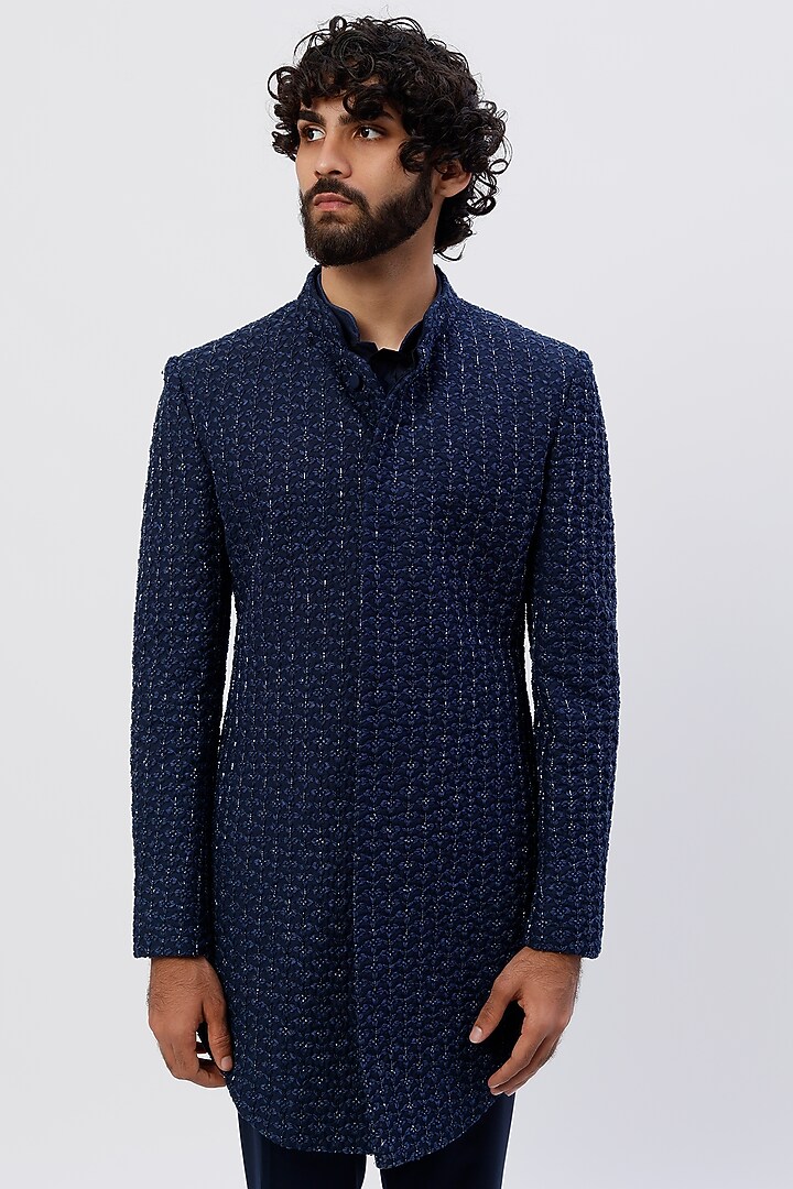 Navy Blue Suiting Bandhgala Jacket Set by LABEL CRESTELLI at Pernia's Pop Up Shop