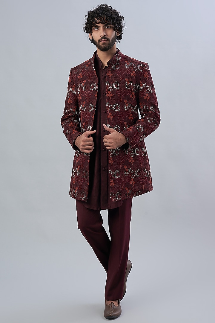 Maroon Suiting Indo Western Set by LABEL CRESTELLI