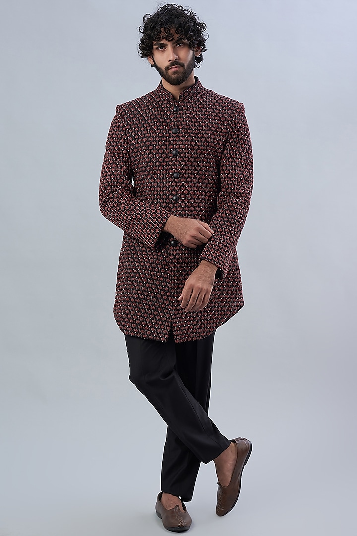 Maroon Embroidered Groom Bandhgala Set by LABEL CRESTELLI at Pernia's Pop Up Shop