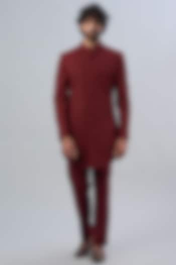 Maroon Suiting Bandhgala Set by LABEL CRESTELLI