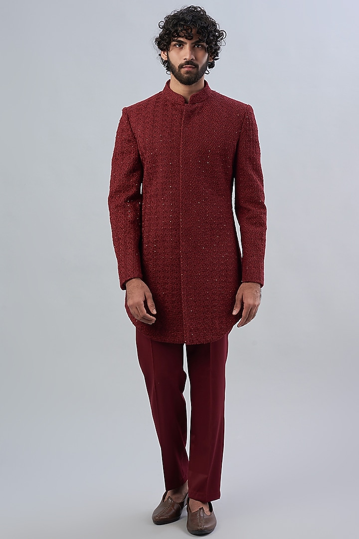 Maroon Suiting Bandhgala Set by LABEL CRESTELLI