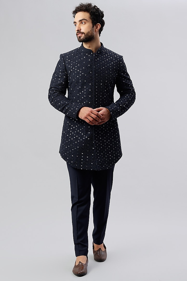 Navy Blue Floral Embroidered Bandhgala Jacket Set by LABEL CRESTELLI at Pernia's Pop Up Shop