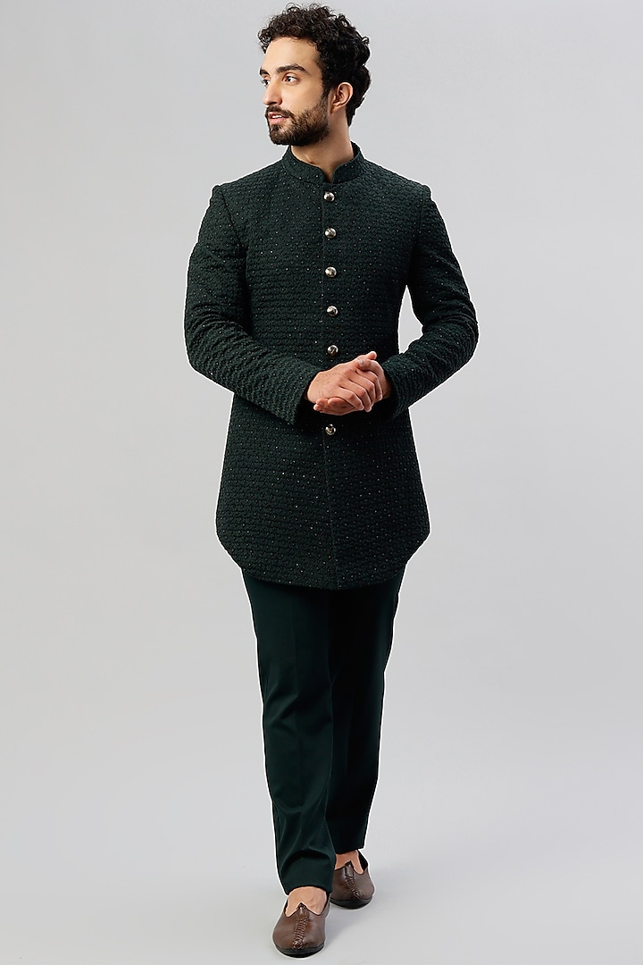 Pine Green Embroidered Bandhgala Jacket Set by LABEL CRESTELLI