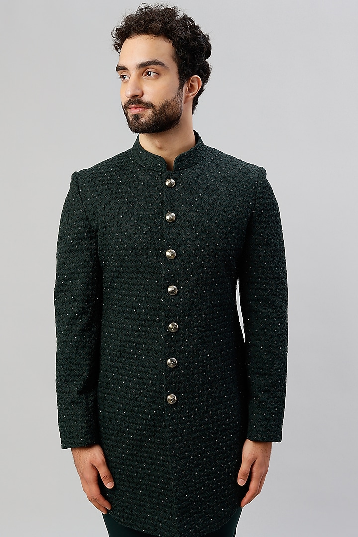Pine Green Embroidered Groom Bandhgala Jacket Set by LABEL CRESTELLI at Pernia's Pop Up Shop
