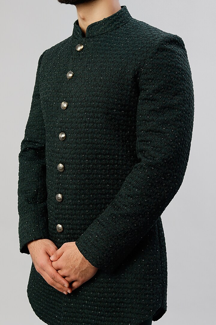 Pine Green Embroidered Groom Bandhgala Jacket Set by LABEL CRESTELLI at Pernia's Pop Up Shop