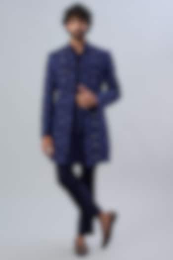 Navy Blue Suiting Indo Western Set by LABEL CRESTELLI