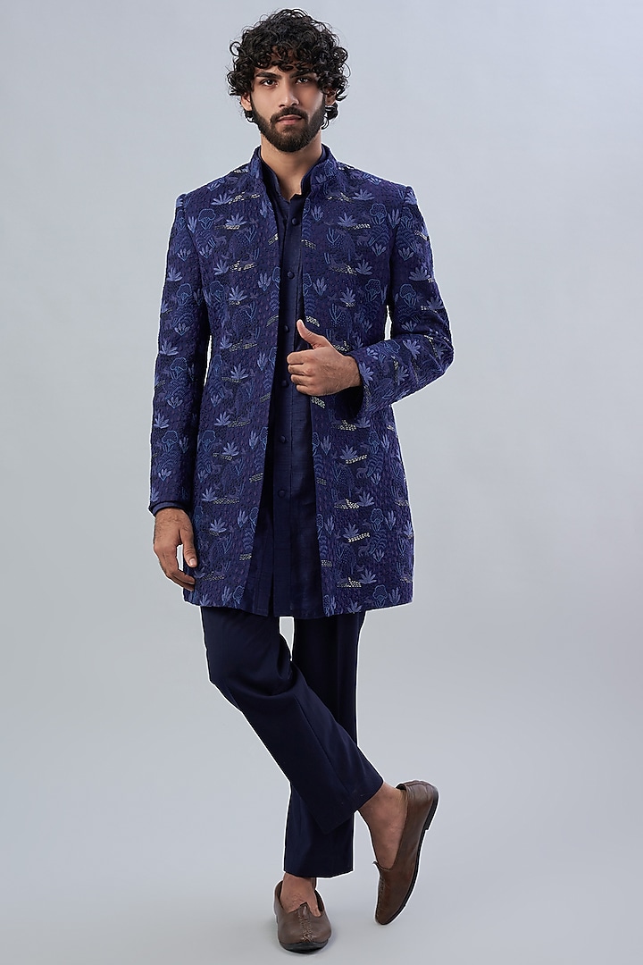 Navy Blue Suiting Indo Western Set by LABEL CRESTELLI