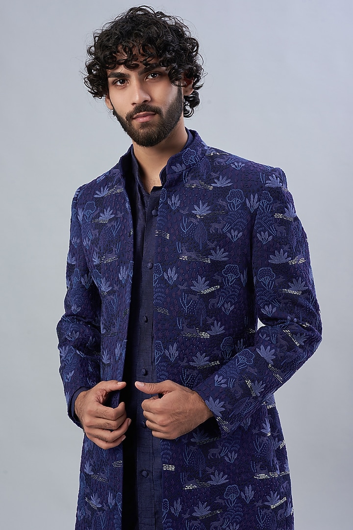 Navy Blue Suiting Indo Western Set by LABEL CRESTELLI at Pernia's Pop Up Shop