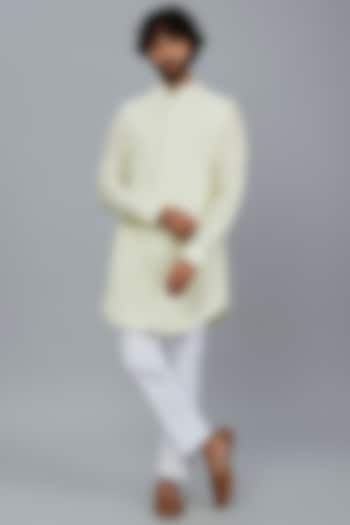 Yellow Embroidered Long Nehru Jacket With Kurta Set by LABEL CRESTELLI at Pernia's Pop Up Shop