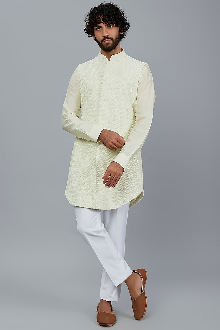 Yellow Embroidered Long Nehru Jacket With Kurta Set by LABEL CRESTELLI