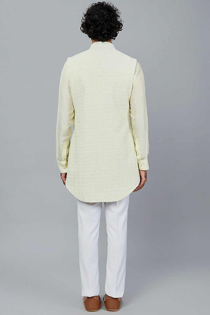 Yellow Embroidered Long Nehru Jacket With Kurta Set by LABEL CRESTELLI at Pernia's Pop Up Shop