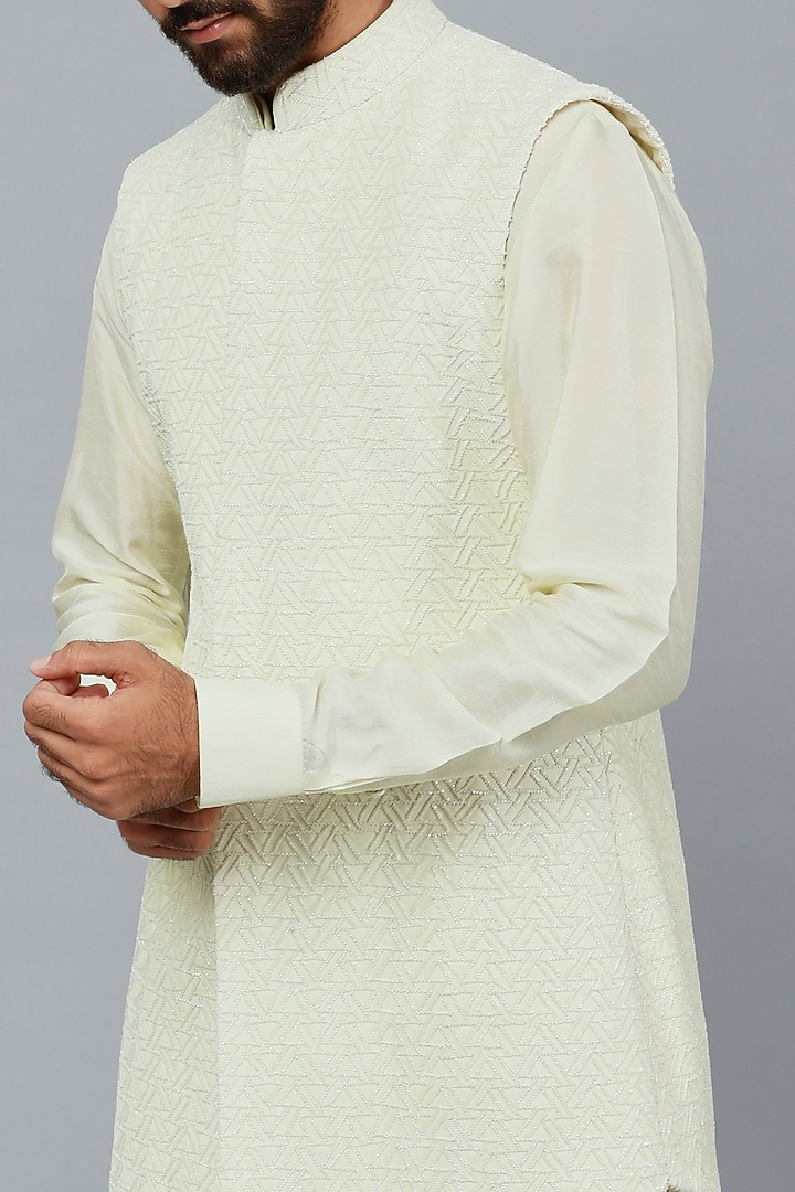 Yellow Embroidered Long Nehru Jacket With Kurta Set by LABEL CRESTELLI at Pernia's Pop Up Shop