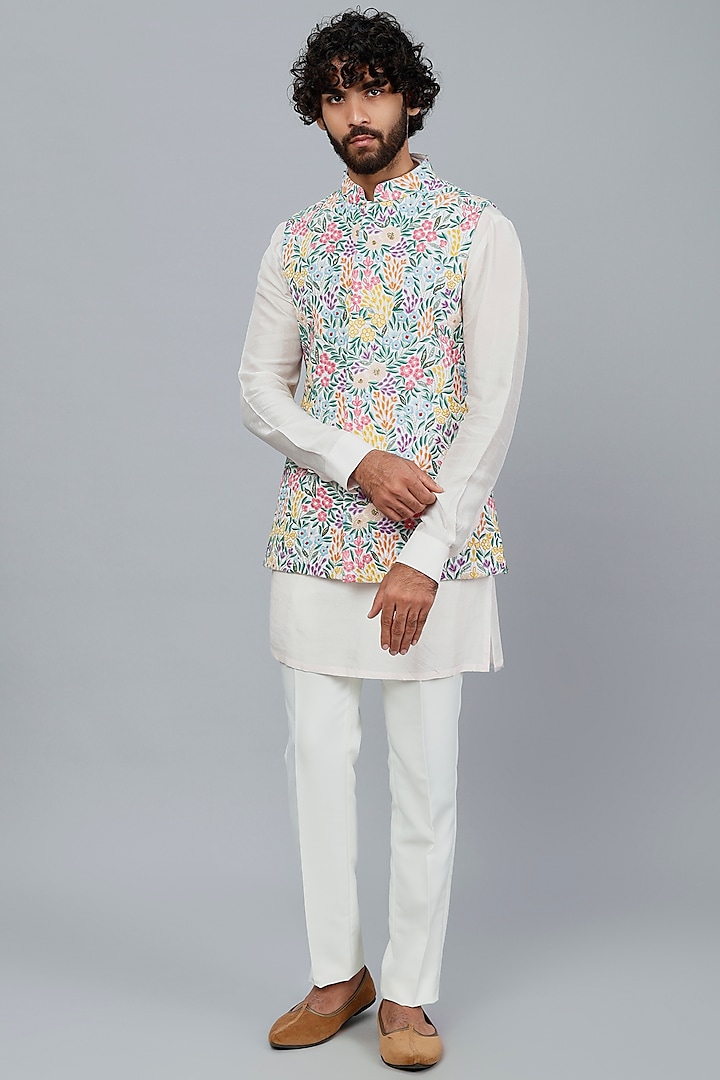 Ivory Suiting Bundi Jacket With Kurta Set by LABEL CRESTELLI
