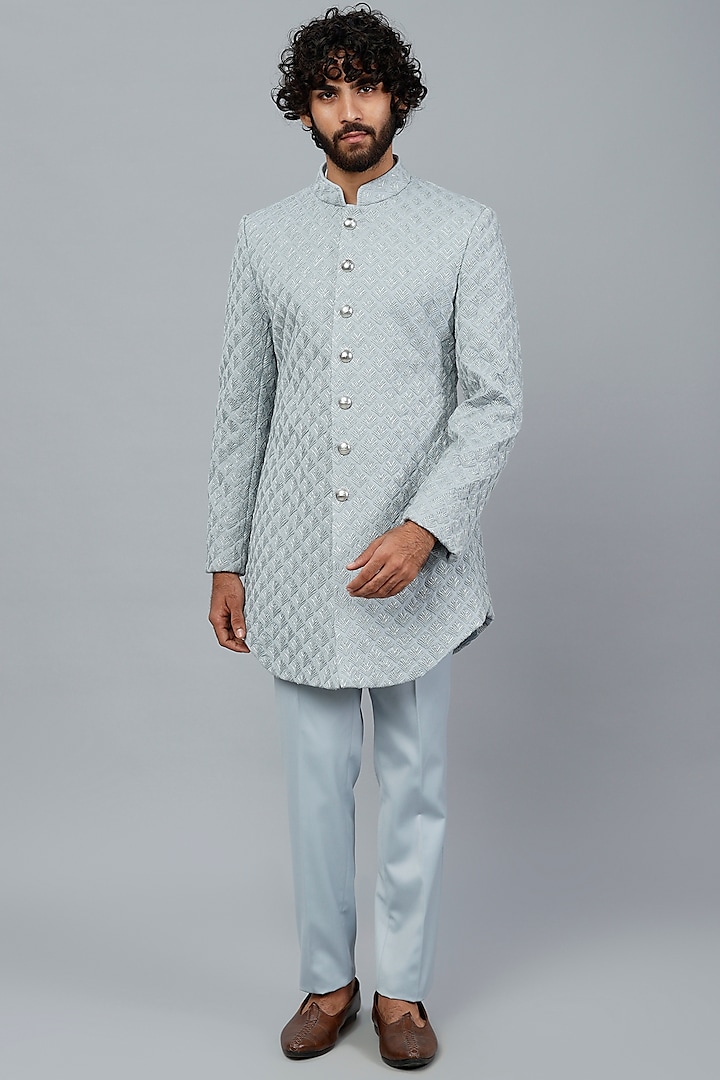 Grey Embroidered Bandhgala Set by LABEL CRESTELLI