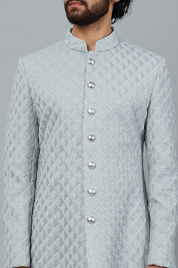 Grey Embroidered Groom Bandhgala Set by LABEL CRESTELLI at Pernia's Pop Up Shop