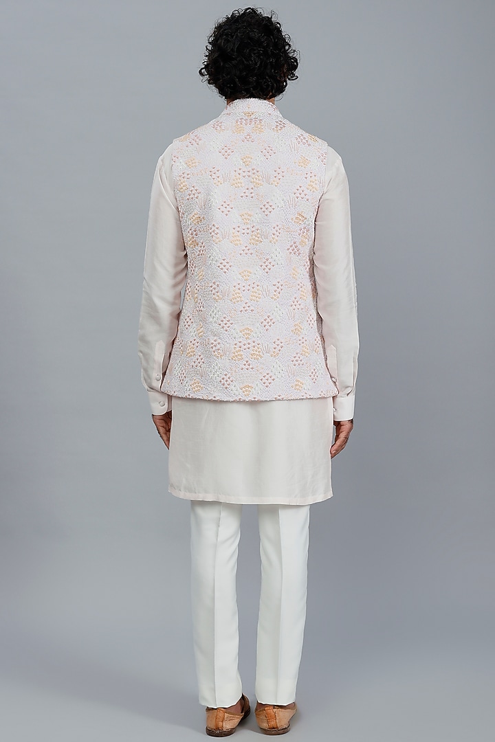 Powder Rose Embroidered Bundi Jacket With Kurta Set by LABEL CRESTELLI at Pernia's Pop Up Shop