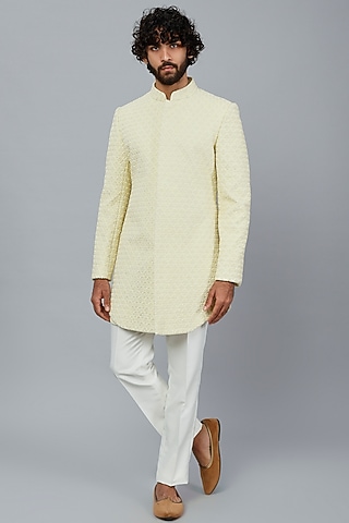 Lime Embroidered Bandhgala Set by LABEL CRESTELLI